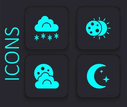 Set Moon and stars, Cloud with snow, Eclipse of the sun and moon icon. Black Ilustração Stock