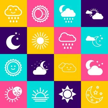 Set Moon and stars, Cloud with moon, rain, Sun,  and  icon. Vector Ilustração Stock