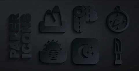 Set Moon and stars, Compass, Sunrise, Knife, Paper towel roll and Mountains icon Stock Illustration