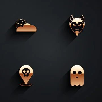 Set Moon and stars, Devil head, Skull and Ghost icon with long shadow. Vector Stock Illustration