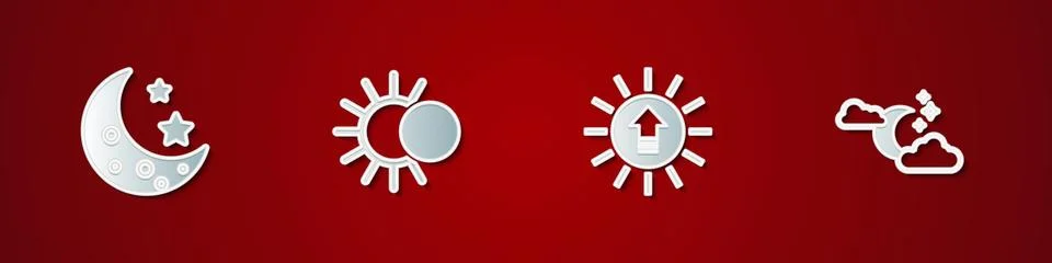 Set Moon and stars, Eclipse of the sun, Sunset and Cloud with moon icon. Vector Ilustração Stock