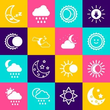 Set Moon and stars, Eclipse of the sun, Sun, Cloud with moon, icon and icon Ilustração Stock