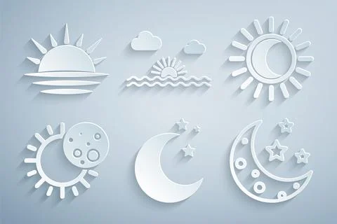 Set Moon and stars, Eclipse of the sun, Sunset and  icon. Vector Ilustração Stock