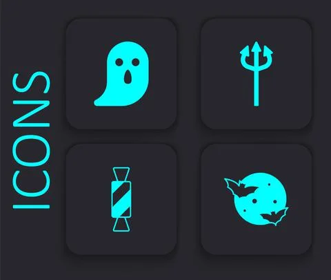 Set Moon and stars, Ghost, Trident devil and Candy icon. Black square button Stock Illustration