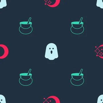 Set Moon and stars, Ghost and Witch cauldron on seamless pattern. Vector Stock Illustration