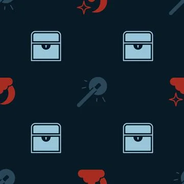 Set Moon and stars, Magic wand and Antique treasure chest on seamless pattern 스톡 일러스트