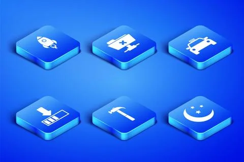 Set Moon and stars, Rocket ship with fire, Hammer, Loading, FTP cancel oper.. Stock Illustration