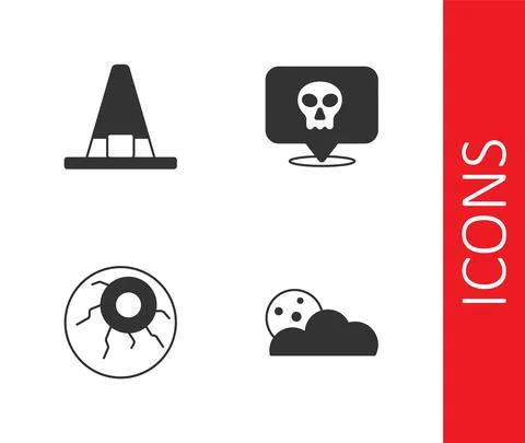 Set Moon and stars, Witch hat, Eye and Skull icon. Vector Stock Illustration
