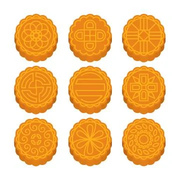 Set of Moon cakes with various patterns for Mid Autumn festival isolated on.. Stock Illustration