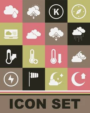 Set Moon, Cloud with moon, rain, Kelvin, Weather forecast, and snow icon. Vec Stock Illustration