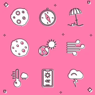 Set Moon, Compass, Sun protective umbrella for beach, Earth globe and sun, Wind Ilustração Stock