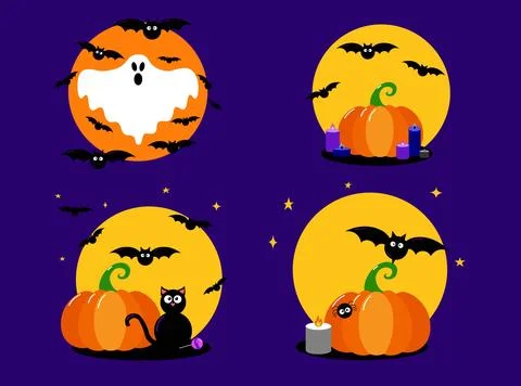Set of moon compositions vector illustrations with pumpkins, candles, bats, g Stock Illustration