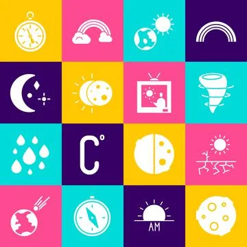 Set Moon, Drought, Tornado, Earth globe and sun, Eclipse of the, stars, Compass Ilustração Stock