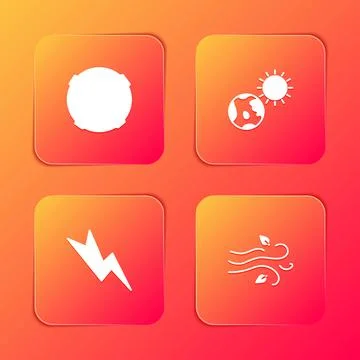 Set Moon, Earth globe and sun, Lightning bolt and Wind icon. Vector Ilustração Stock