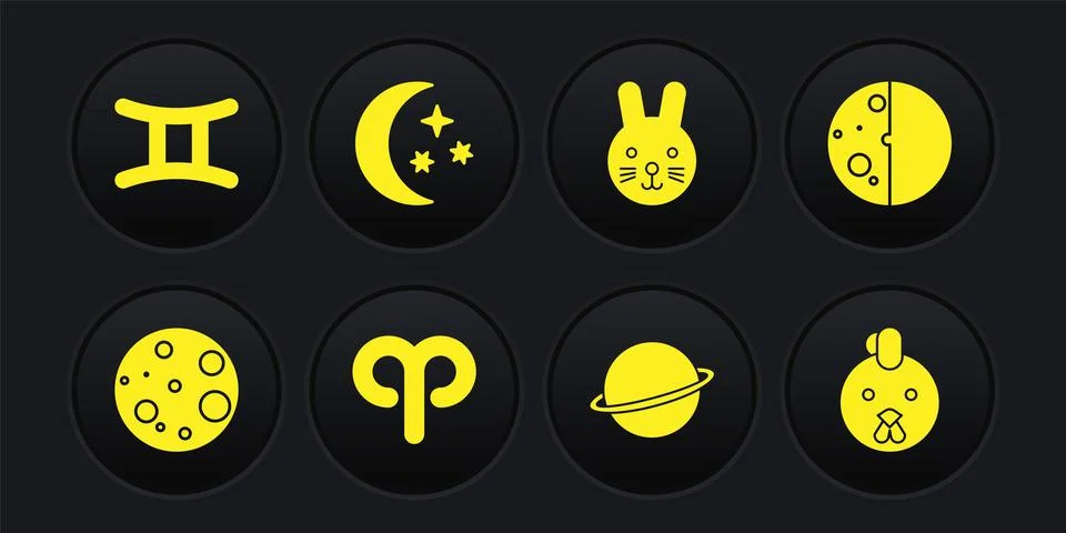 Set Moon, Eclipse of the sun, Aries zodiac, Planet Saturn, Rabbit, and stars Ilustração Stock