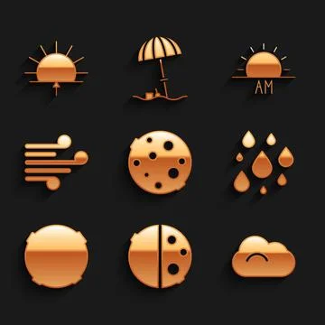 Set Moon, Eclipse of the sun, Cloud, Water drop, Wind, Sunrise and icon. Vector Illustrazione stock