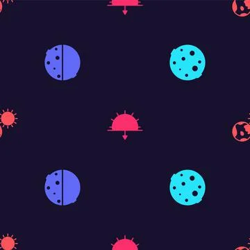 Set Moon, Eclipse of the sun, Sunset and Earth globe and on seamless pattern Stock Illustration