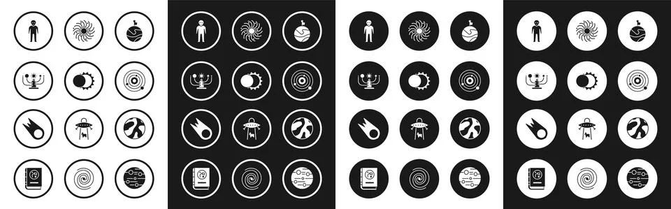 Set Moon with flag, Eclipse of the sun, Solar system, Alien, Black hole, Planet Ilustração Stock