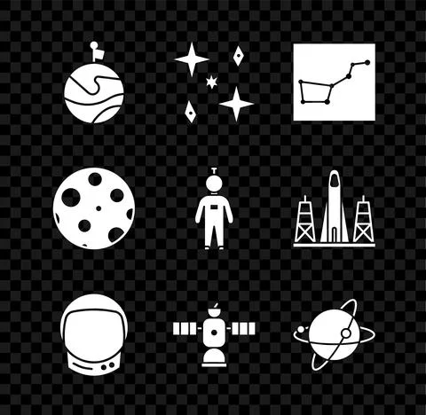 Set Moon with flag, Falling stars, Great Bear constellation, Astronaut helmet Ilustração Stock