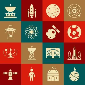 Set Moon with flag, Rocket launch from the spaceport, Earth globe, Planet V.. Ilustração Stock