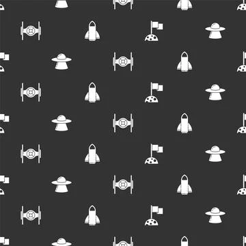 Set Moon with flag, UFO flying spaceship, Cosmic and Rocket on seamless pattern Stock Illustration