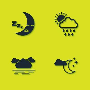 Set Moon icon, Cloud with moon and stars, and rain sun icon. Vector Stock Illustration