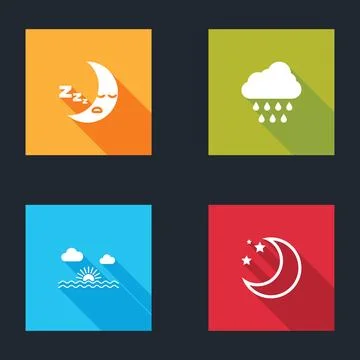 Set Moon icon, Cloud with rain, Sunset and and stars icon. Vector Illustrazione stock