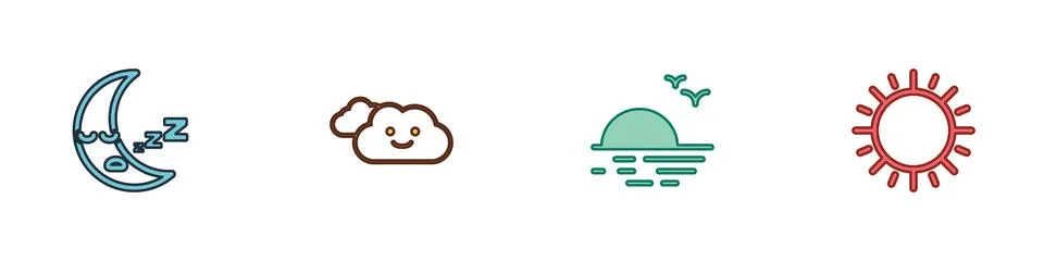Set Moon icon, Cloud, Sunset and icon. Vector Stock Illustration