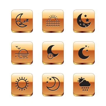 Set Moon icon, Sun, and stars, Sleeping moon, Sunset, Cloud with rain sun and Stock Illustration