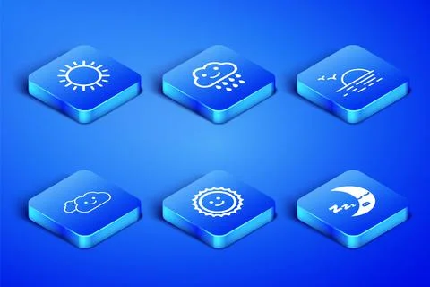 Set Moon icon, Sun, Cloud, with rain and Sunset icon. Vector Illustrazione stock