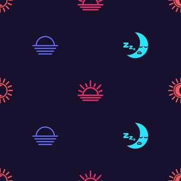 Set Moon icon, Sunset, and Eclipse of the sun on seamless pattern. Vector Stock Illustration