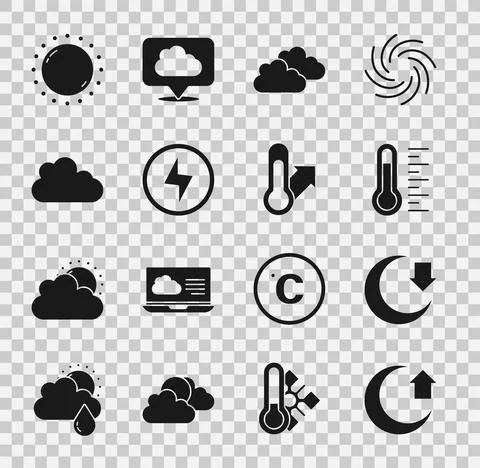 Set Moon, Meteorology thermometer, Cloud, Lightning bolt, Sun and icon. Vector Ilustração Stock