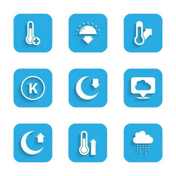 Set Moon, Meteorology thermometer, Cloud with rain, Location cloud, Kelvin, and Stock Illustration