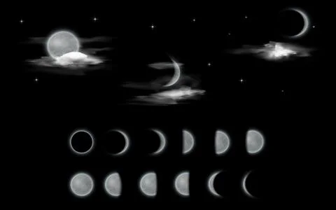 A set of moon phases and eclipses, with waxing, full, and waning icons in clouds Stock Illustration