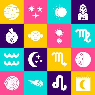 Set Moon phases calendar, Eclipse of the sun, Virgo zodiac, Monkey, Rooster Ilustração Stock