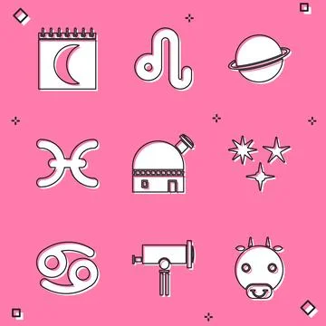 Set Moon phases calendar, Leo zodiac, Planet Saturn, Pisces, Astronomical o.. Stock Illustration