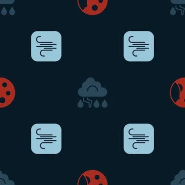 Set Moon phases, Cloud and lightning and Wind on seamless pattern. Vector Illustrazione stock