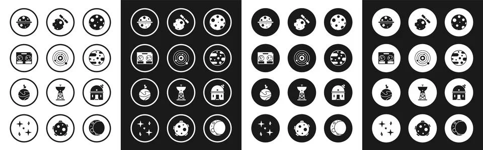 Set Moon, Solar system, Celestial map of the night sky, Planet Saturn, Mars Ilustração Stock