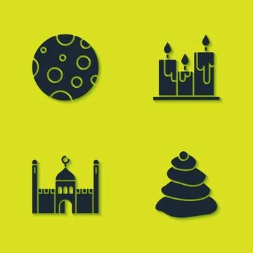 Set Moon, Stack hot stones, Muslim Mosque and Burning candles icon. Vector Illustrazione stock