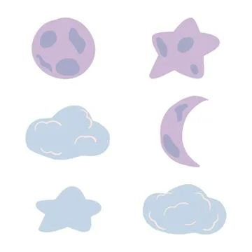 Set moon, star and cloud on white background. Cartoon space full moon, cresce Stock Illustration