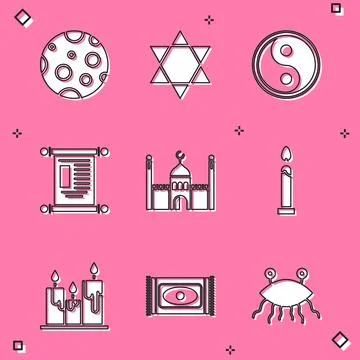 Set Moon, Star of David, Yin Yang, Decree, paper, parchment, scroll, Muslim.. Illustrazione stock