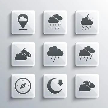 Set Moon, Sun and cloud weather, Cloud with rain, Compass, moon, Location and Stock Illustration