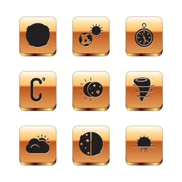 Set Moon, Sun and cloud, Eclipse of the sun, Celsius, Compass, Sunset and Earth Ilustração Stock