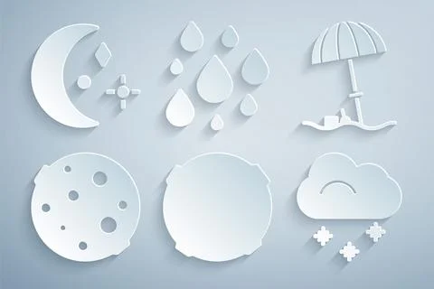 Set Moon, Sun protective umbrella for beach, Cloud with snow, Water drop and and Ilustração Stock