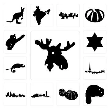 Set of moose head, beaver, pumpkin, oklahoma, london skyline, paris chameleon Free Stock Illustration