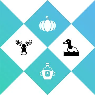 Set Moose head with horns, Maple syrup, Pumpkin and Flying duck icon. Vector Stock Illustration
