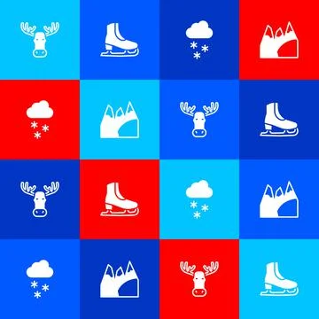 Set Moose head with horns, Skates, Cloud snow and Mountains icon. Vector Stock Illustration