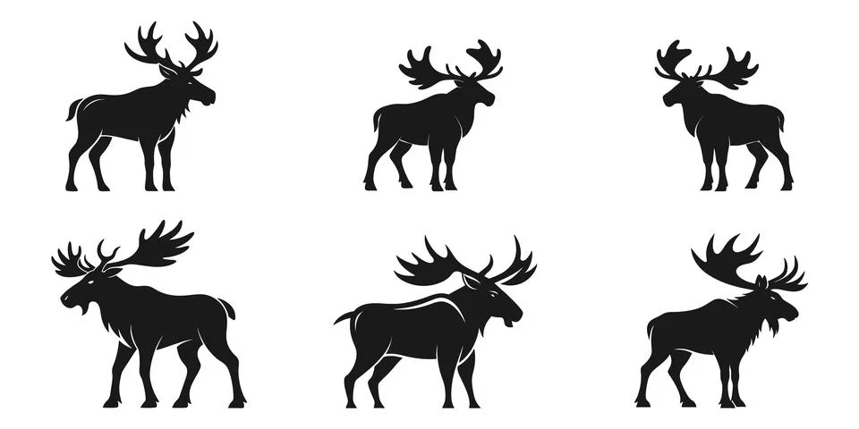 Set of Moose silhouette vector, wild moose for wildlife, standing, walking Stock Illustration