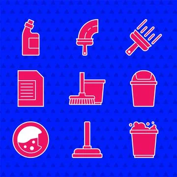 Set Mop and bucket, Rubber plunger, Bucket with foam, Trash can, Washer, Laundry Stock-Illustration