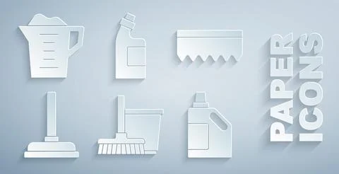 Set Mop and bucket, Sponge, Rubber plunger, Bottle for cleaning agent, and Stock-Illustration